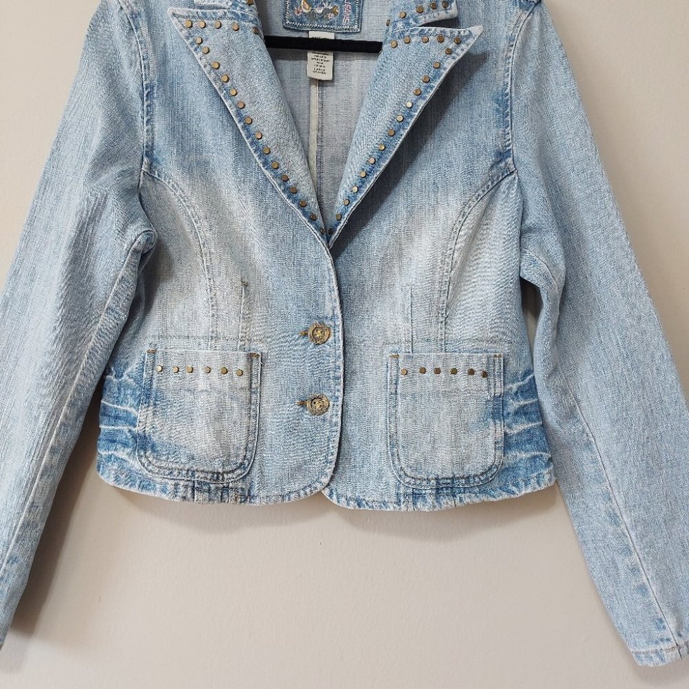 Star Jeans Denim Jacket Size Large Studded Women's Blue Wash Buttons Pockets - Picture 3 of 10